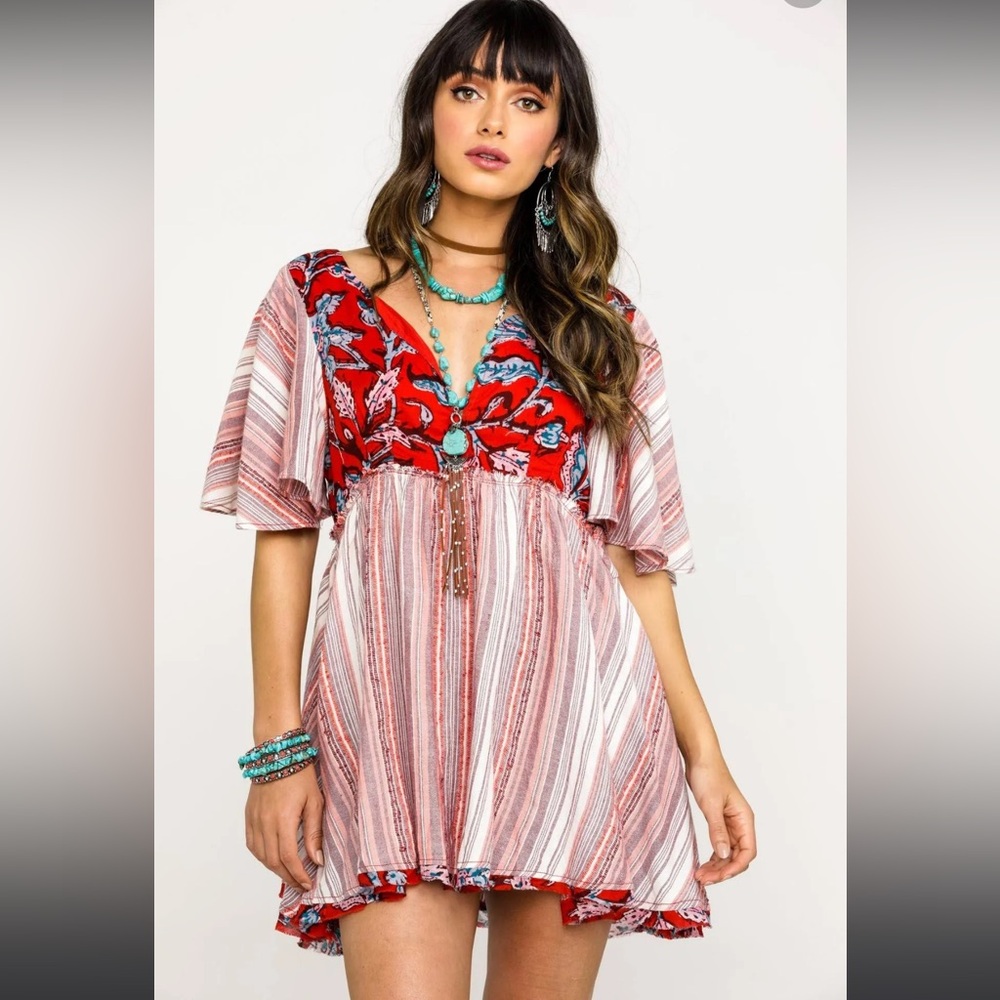 Free People Red & White Striped Floral-Bodice Mini Dress